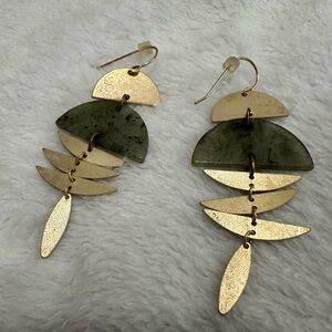 Elegant Geometric Gold and Green Statement Dangle Earrings